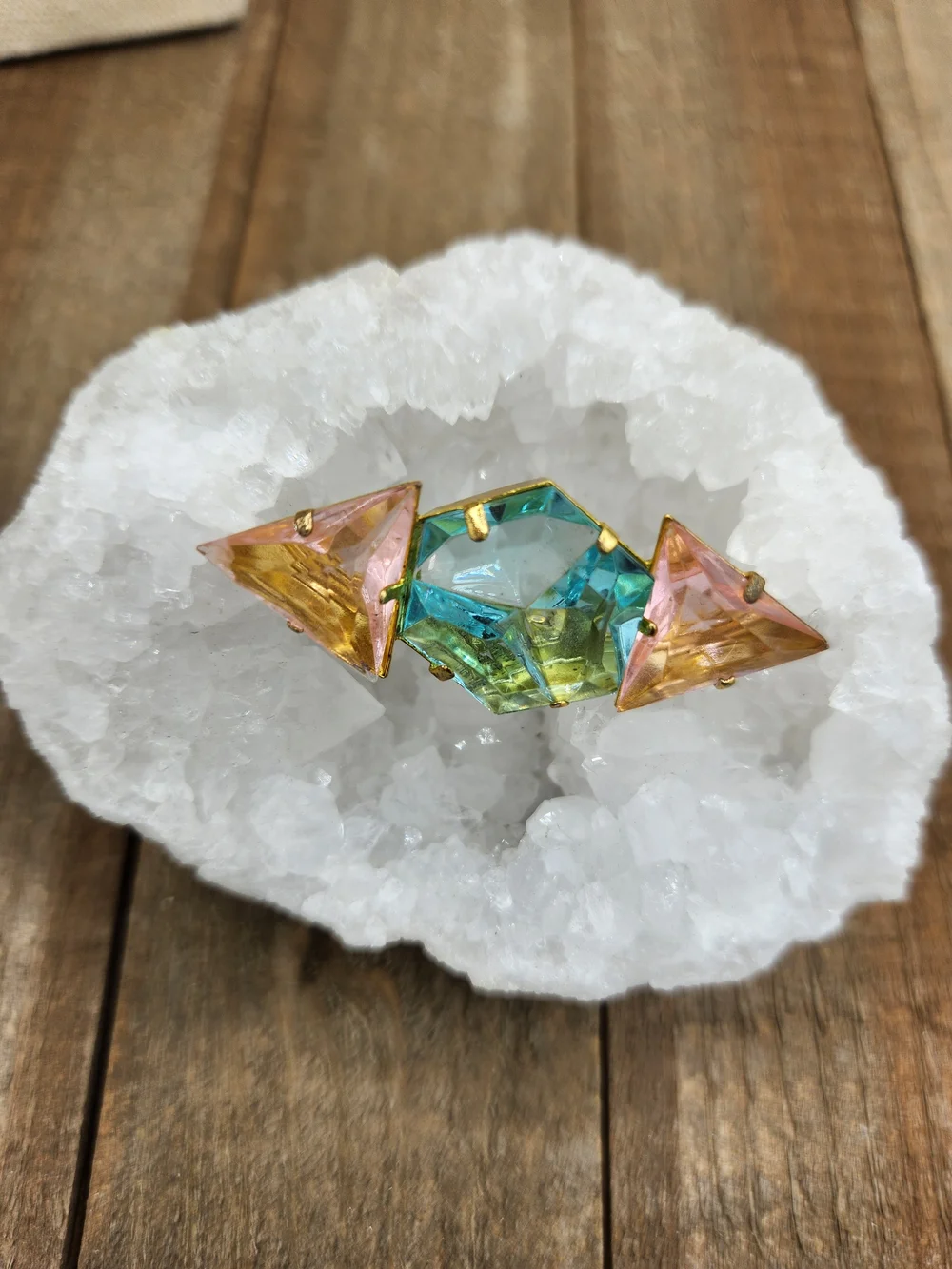 Miami Vice! Gorgeous Pink & Blue Geometric Statement Brooch •  Goldtone